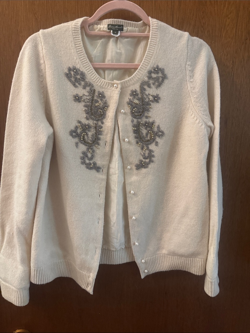 Eddie Bauer Cream Cardigan with Gray Beaded Floral Embellishment